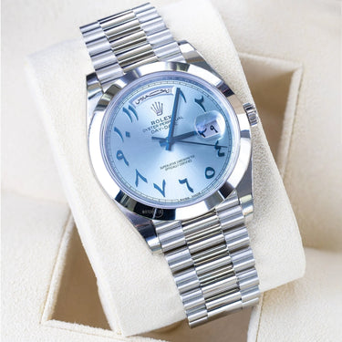 Rolex Day-Date with ice blue Arabic dial.